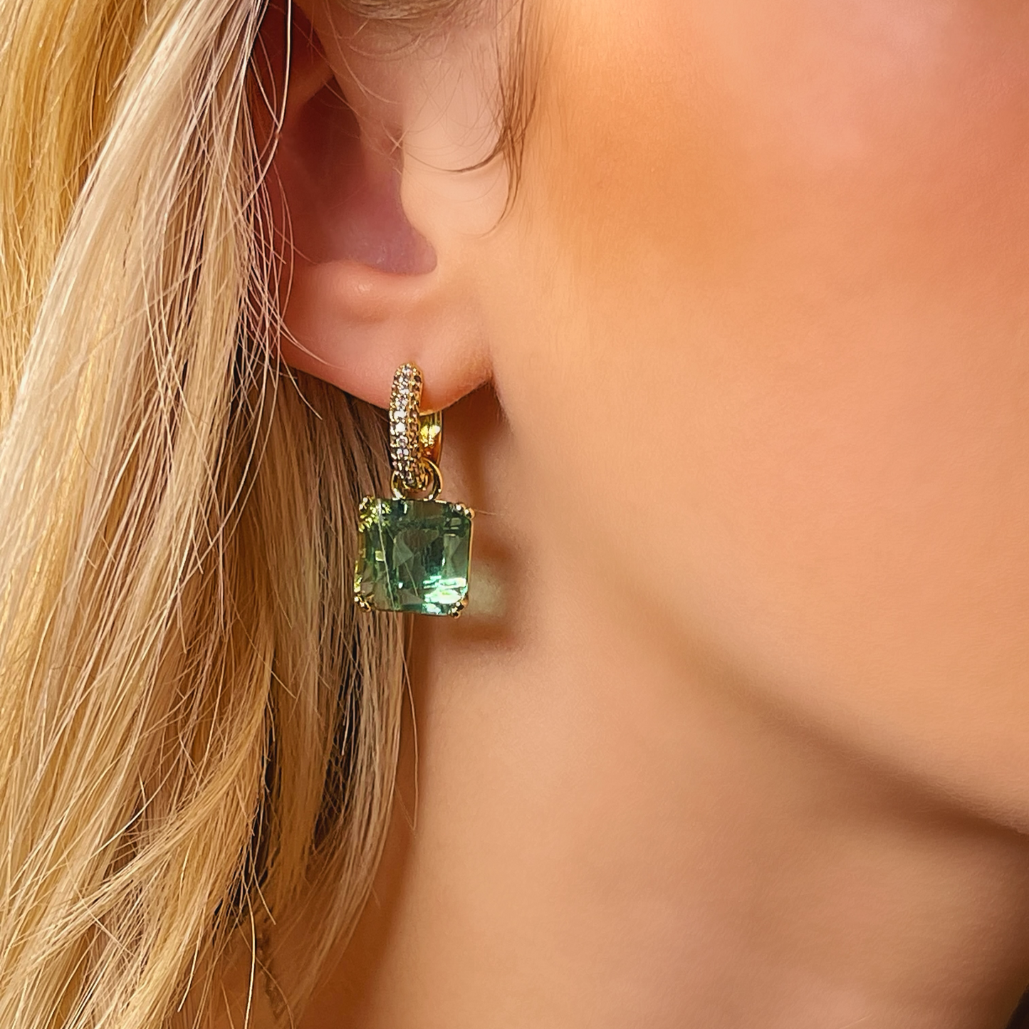 HERO Gold and CZ Aquamarine drop gold statement earrings