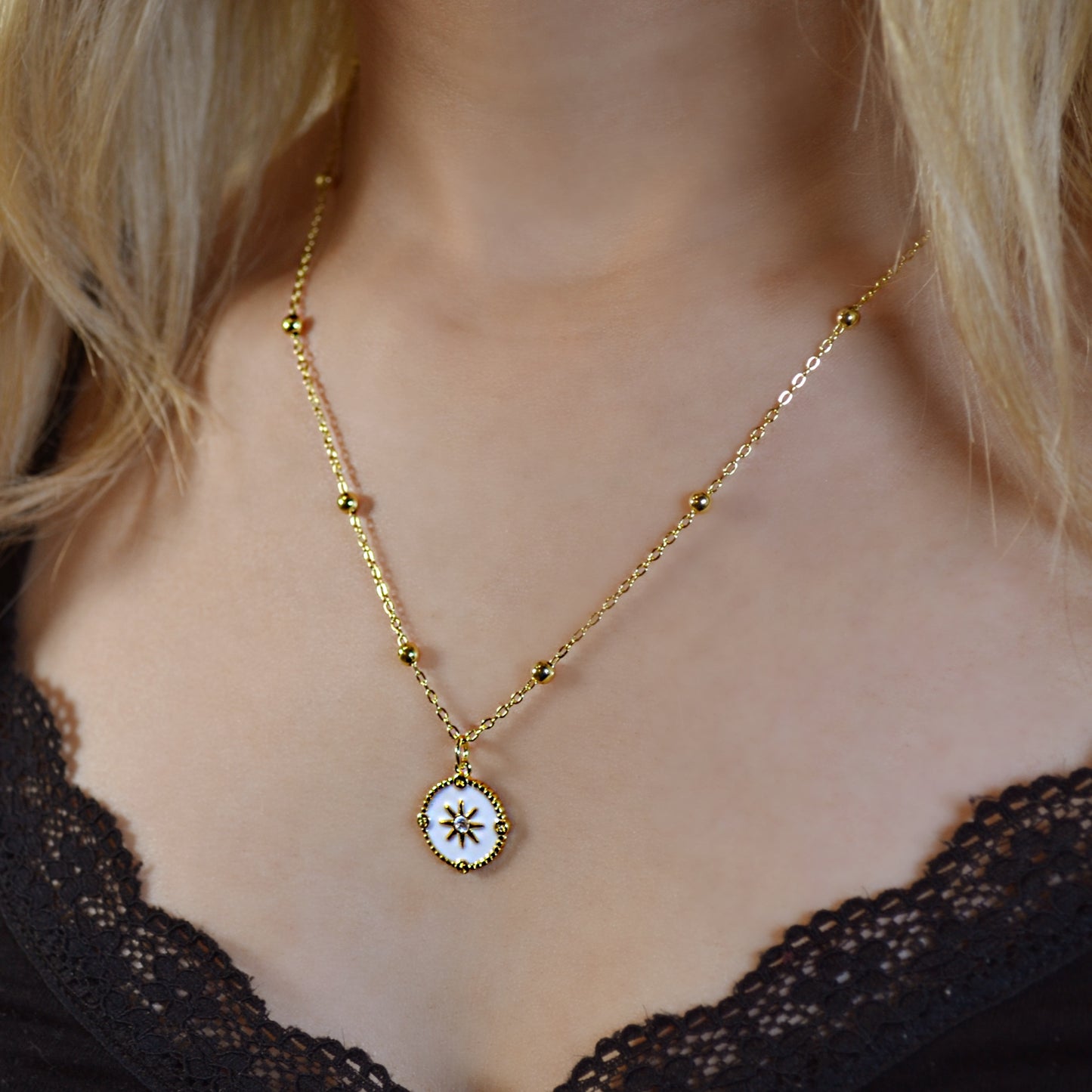 IRIS gold and enamel pendant on satellite chain