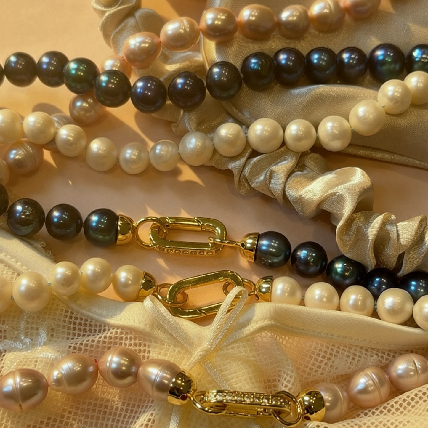 NERA silver-grey freshwater pearl necklace with gold pave cz push-gate clasp