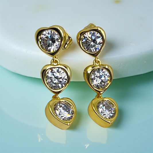 BELLE gold cz bezel triple heart drop earrings