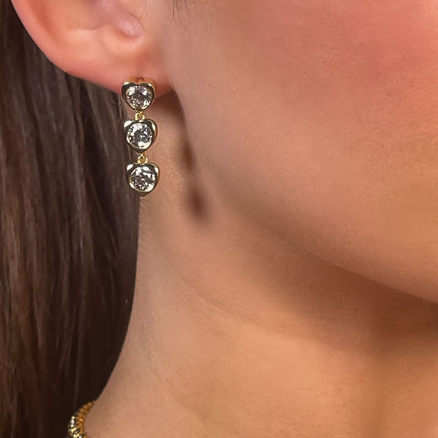 BELLE gold cz bezel triple heart drop earrings
