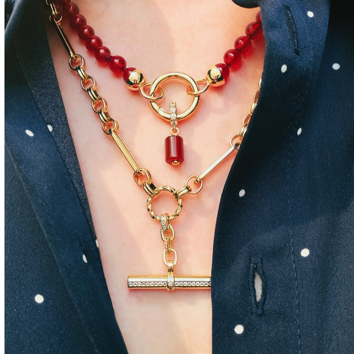 CARDINALE gold and carnelian hand-knotted necklace with charm