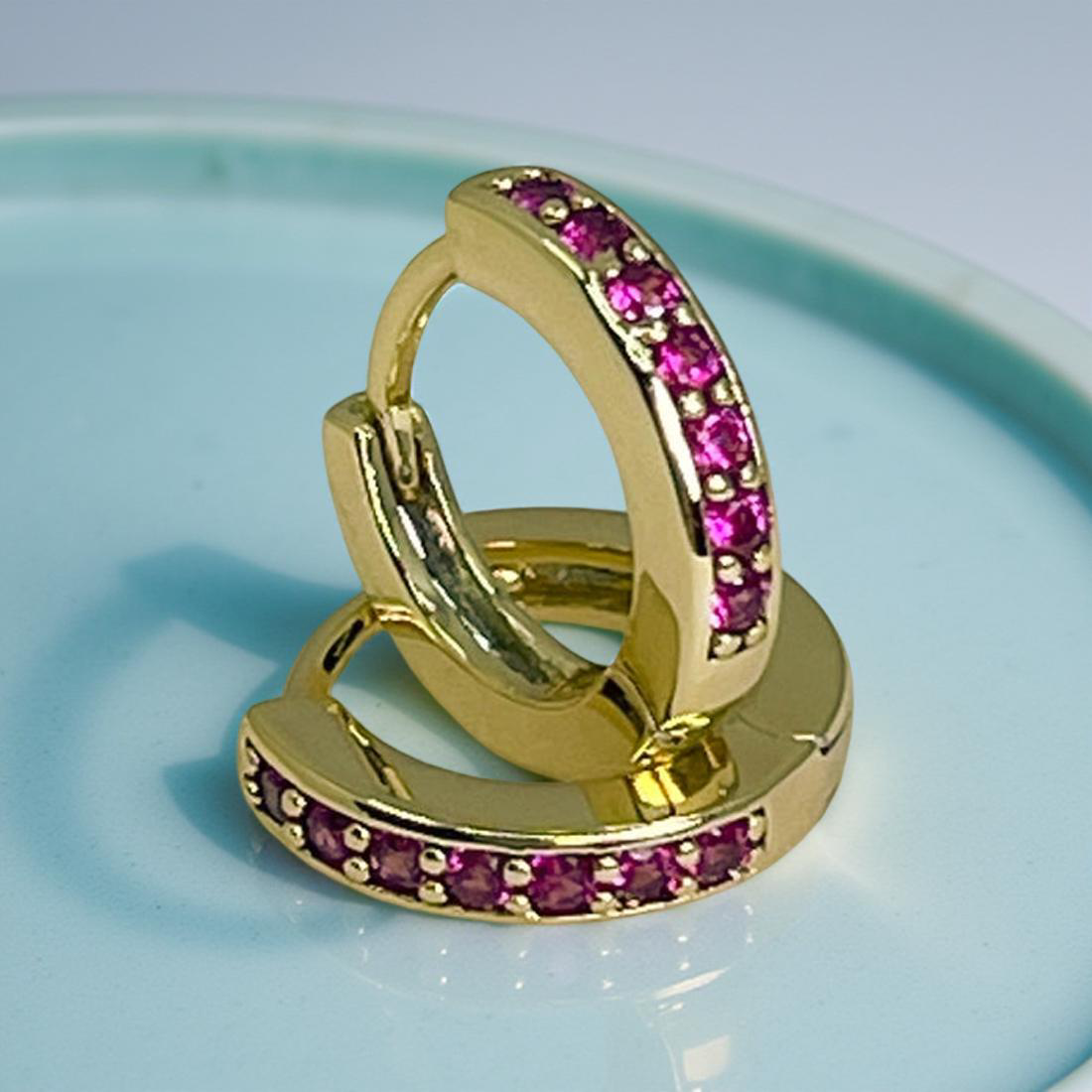 DOT gold and ruby CZ crystal huggies
