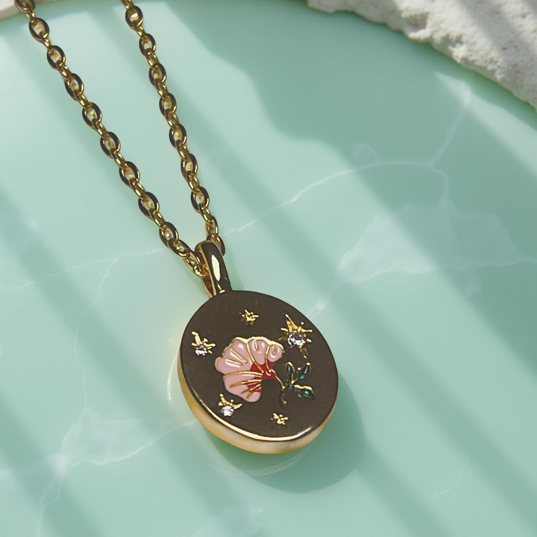 FLO gold & enamel flower pendant with cable chain