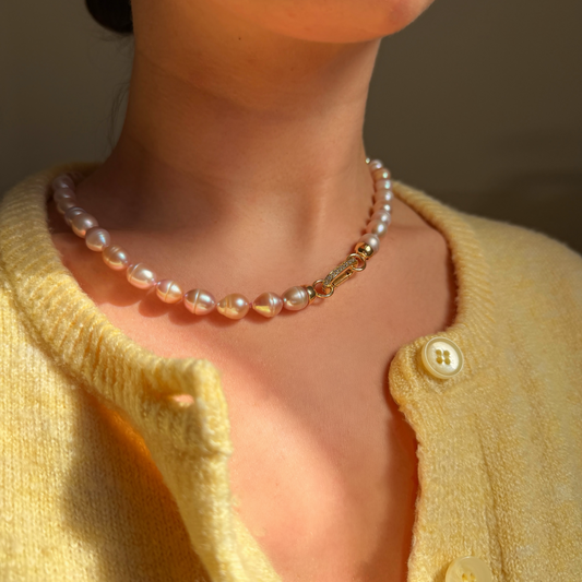 TARA lavender pearl necklace with gold and CZ clasp