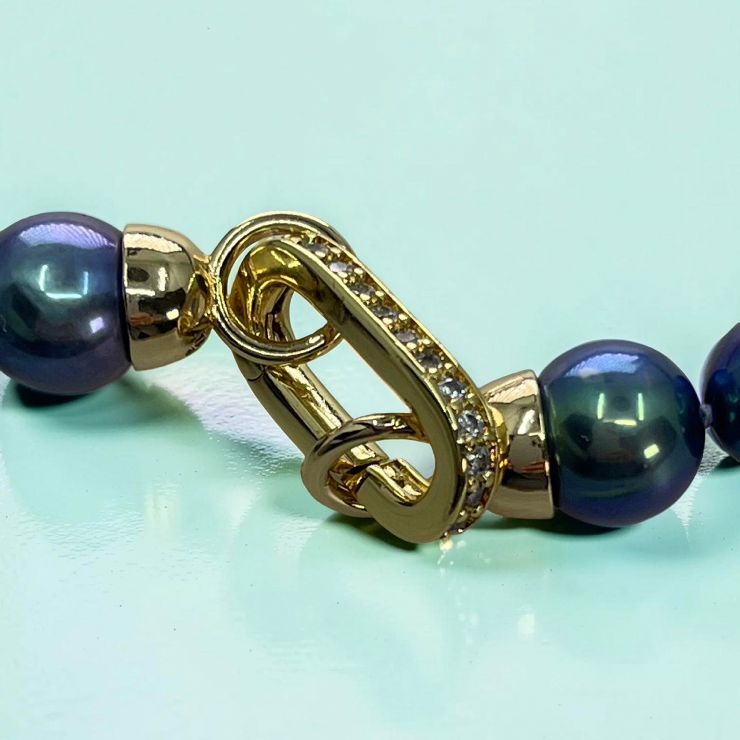 NERA silver-grey freshwater pearl necklace with gold pave cz push-gate clasp