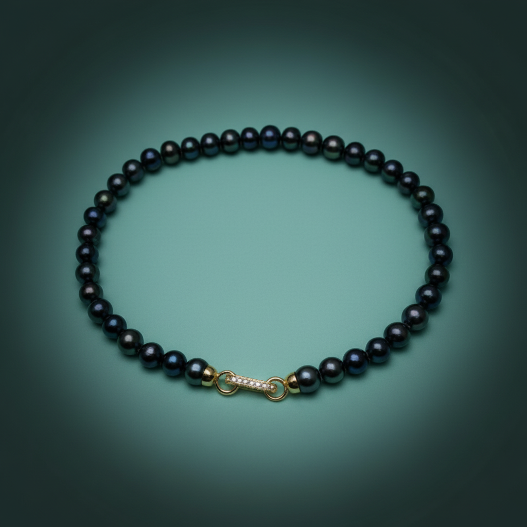 NERA silver-grey freshwater pearl necklace with gold pave cz push-gate clasp