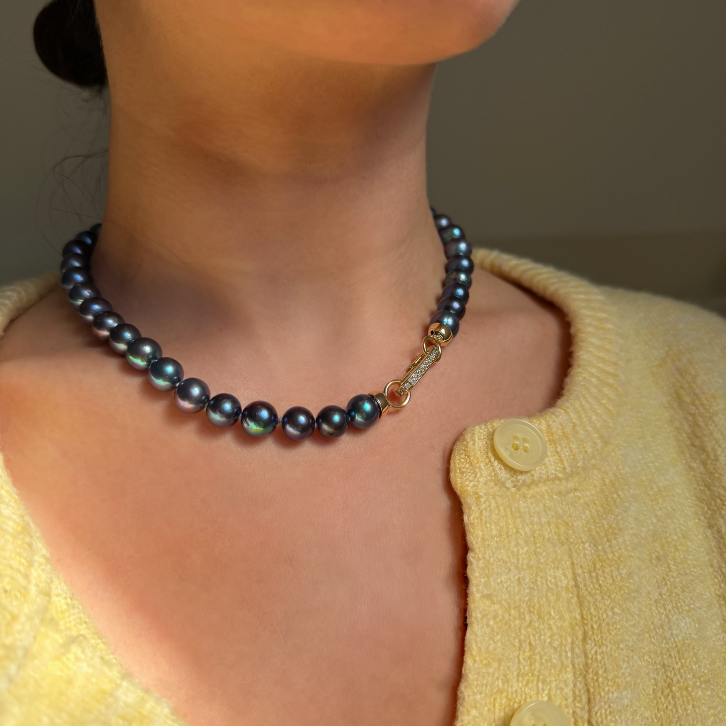 NERA silver-grey freshwater pearl necklace with gold pave cz push-gate clasp