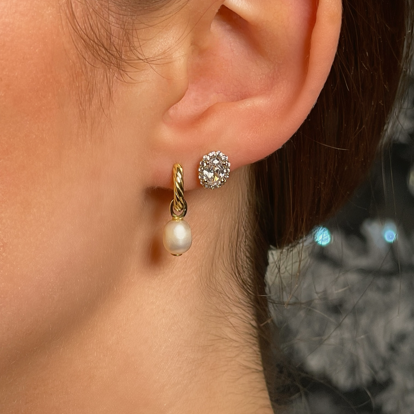 PIP gold twist and freshwater pearl huggies