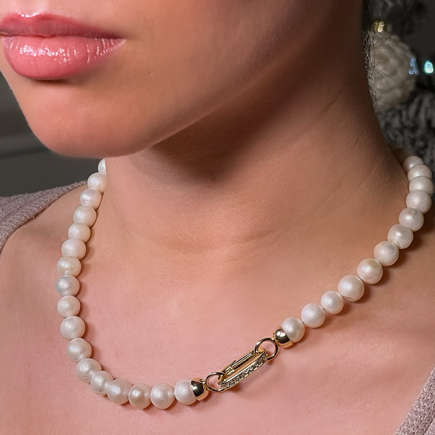 ROMY freshwater pearl hand-knotted necklace with pave clasp