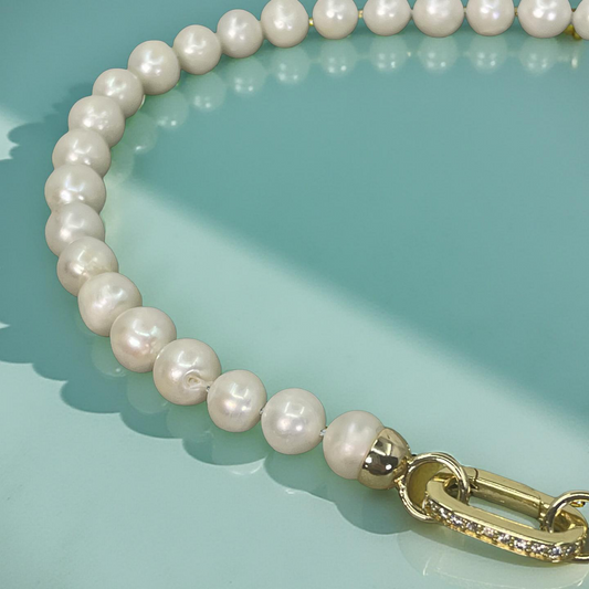 ROMY freshwater pearl hand-knotted necklace with pave clasp