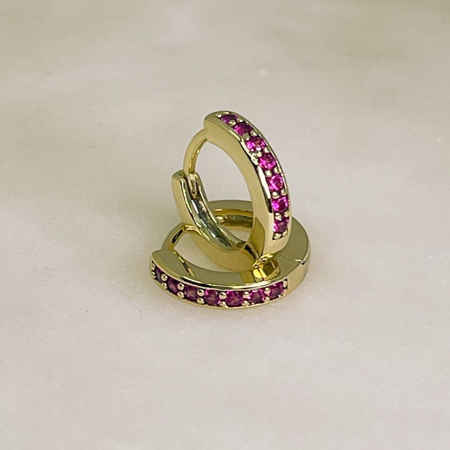 DOT gold and ruby CZ crystal huggies