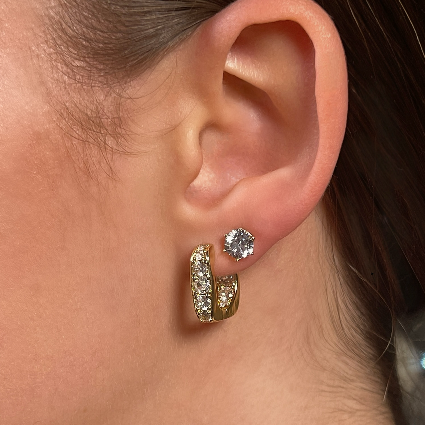 SENZA Gold and cz lined square huggies