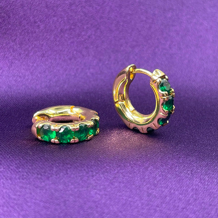 SMERELDA gold and emerald micro pavé huggies