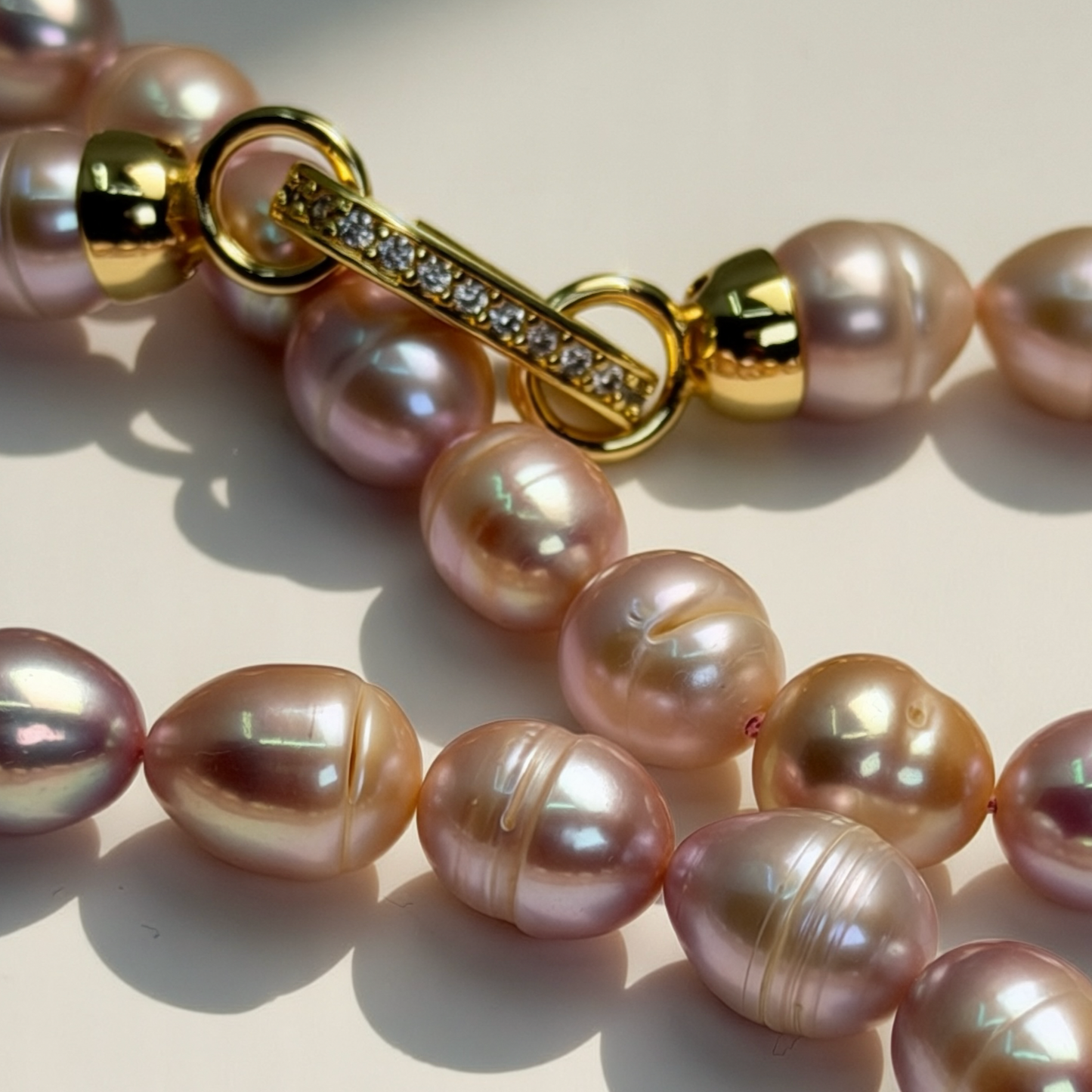 TARA lavender pearl necklace with gold and CZ clasp