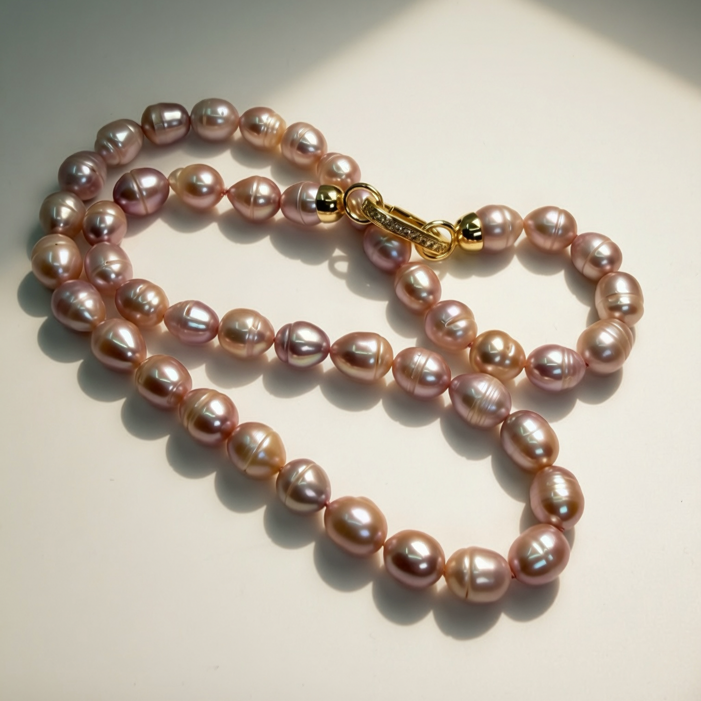 TARA lavender pearl necklace with gold and CZ clasp