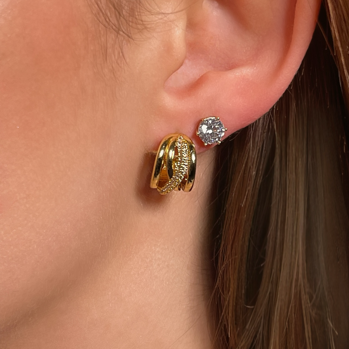 TWIST gold and pave cz stud hoops